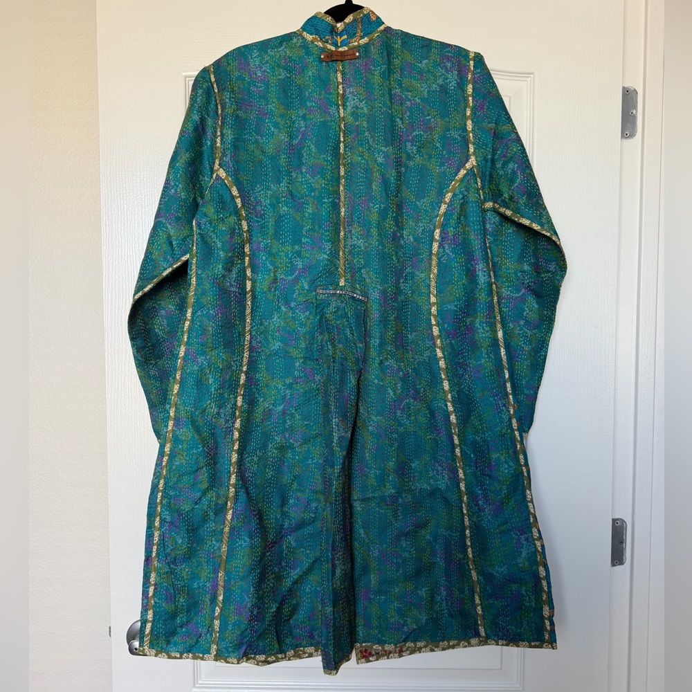 Turquoise Kantha Embroidered Long Jacket – Thread Handwork, Boho Statement - Picture 4 of 6